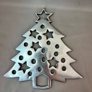 IHI Christmas Tree Trivet Silver Aluminum Holiday Kitchen Hot Plate Excellent